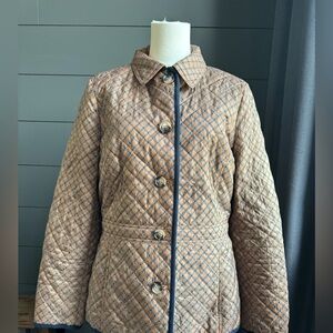 Talbots Quilted Beige and Blue Snap Front Puffer Jacket size Large
